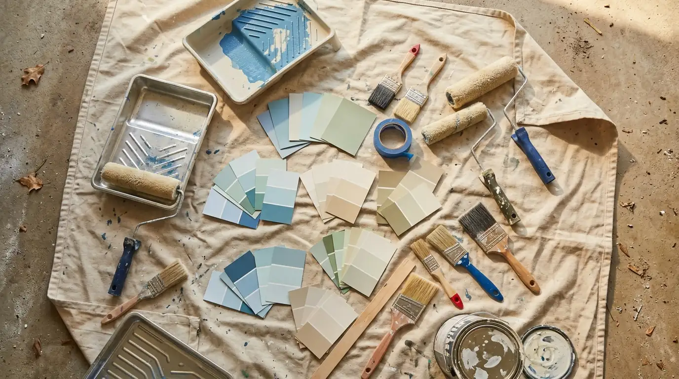 Overhead view of paint trays, rollers, brushes and color sample cards laid out on a drop cloth in a Florida garage
