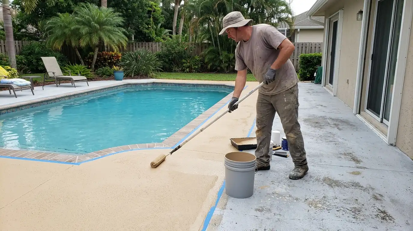 Worker applying slip-resistant acrylic coating to a concrete pool deck beside a Florida backyard pool