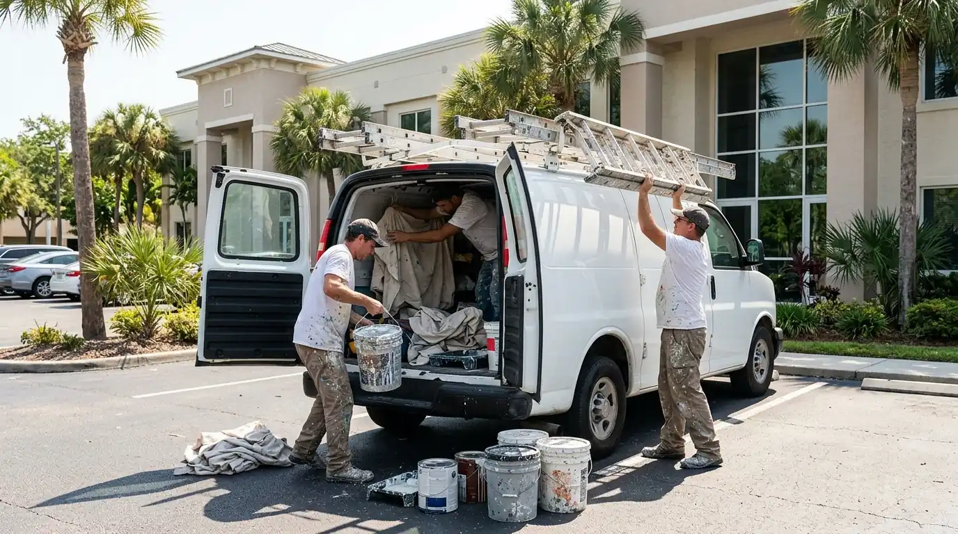Painting crew loading ladders and covered paint buckets into a work van outside a Sarasota office building