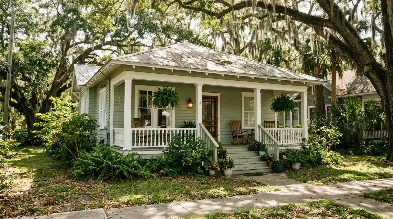 Restored wood frame bungalow with front porch and soft green siding under oak trees in an older Bradenton neighborhood