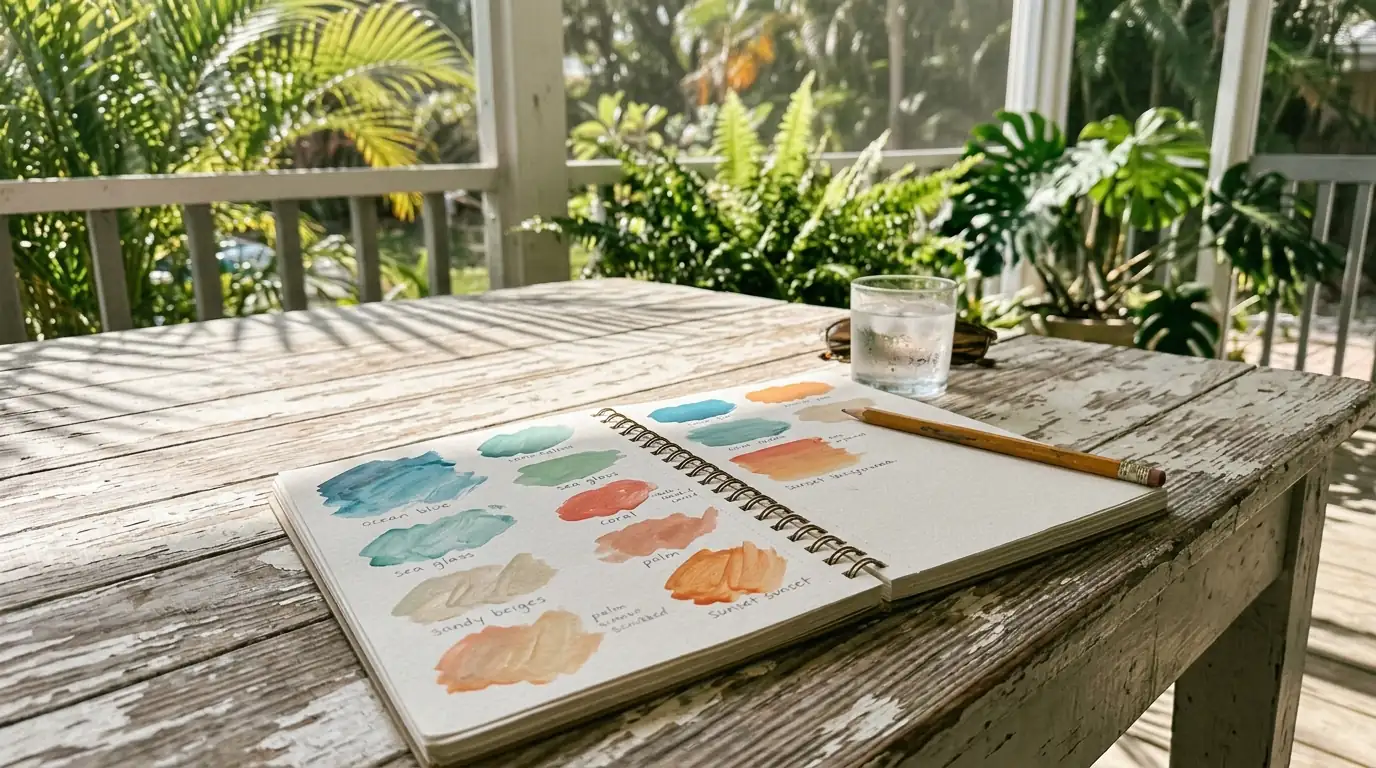 Open notebook with paint color swatches and a pencil on a sunny Florida porch table
