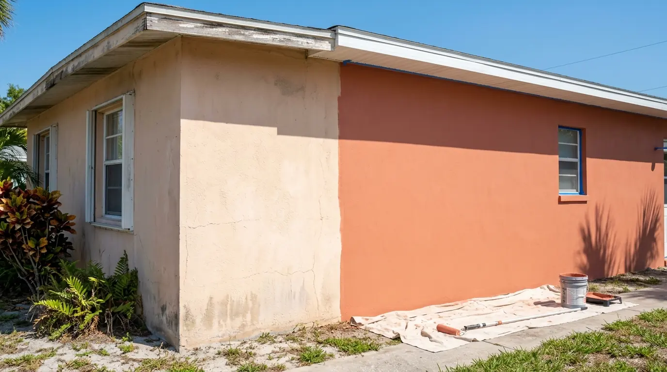 Sun-faded stucco wall beside a freshly painted section on a Sarasota ranch home under a clear midday sky