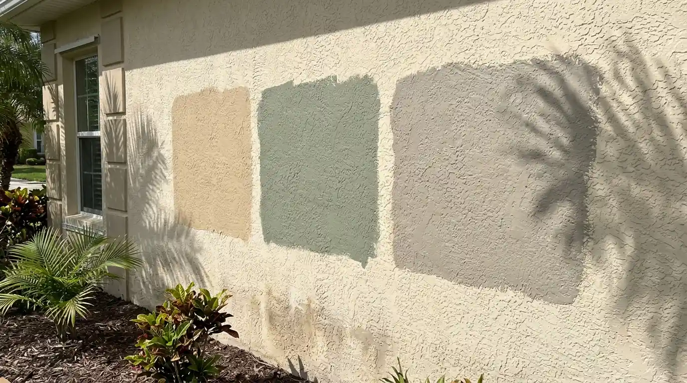 Large exterior paint sample patches in sand, sage and warm gray on a sunny Sarasota stucco wall