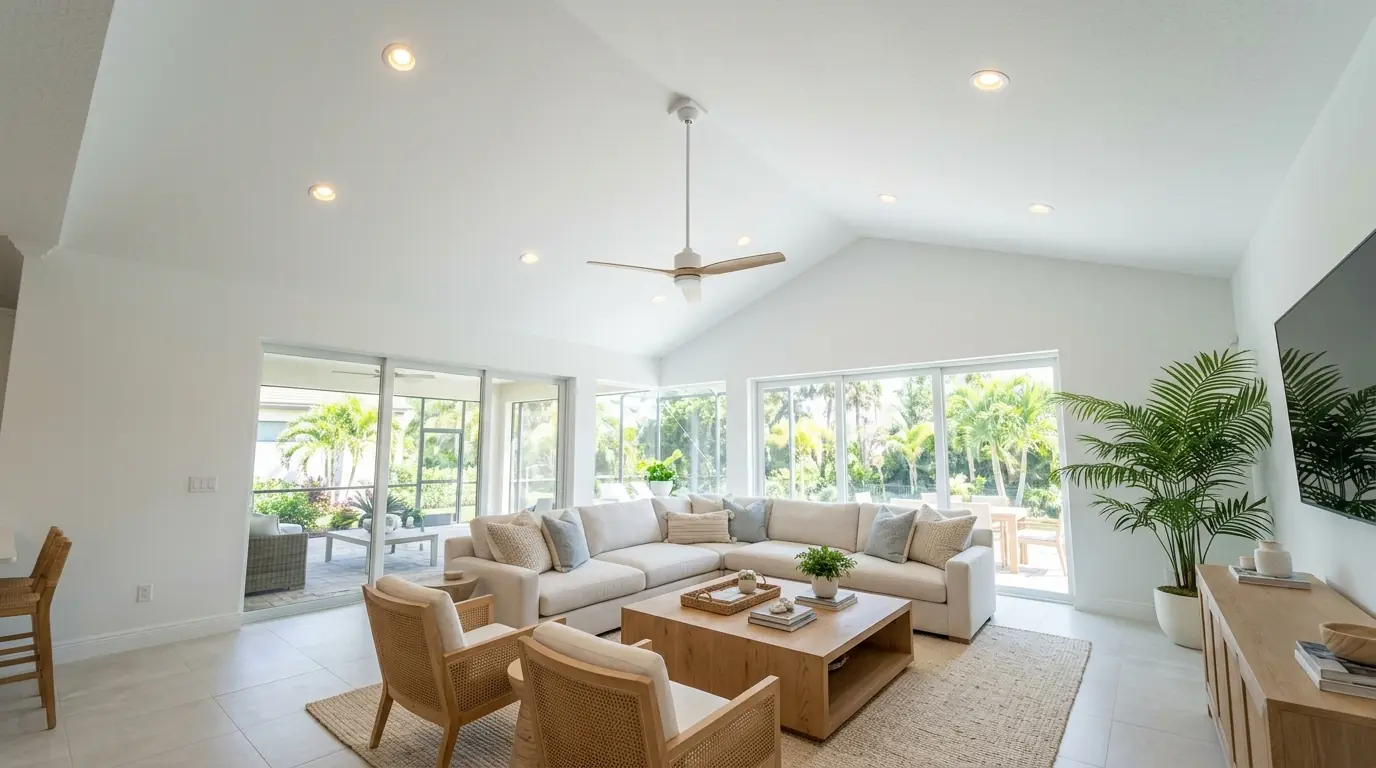 Wide living room with a freshly painted bright white vaulted ceiling and recessed lights in a Florida home