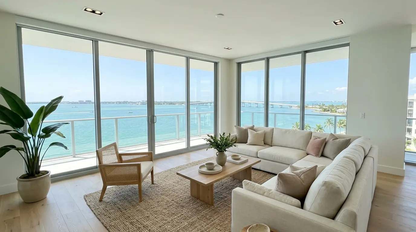 Bayfront high-rise condo living room on Golden Gate Point in Sarasota with freshly painted light walls and wide windows over the water