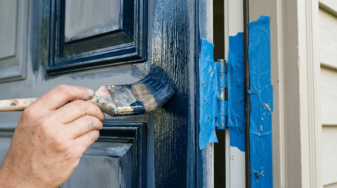 Close-up of a raised panel entry door being brushed with glossy enamel, hinges masked in blue tape