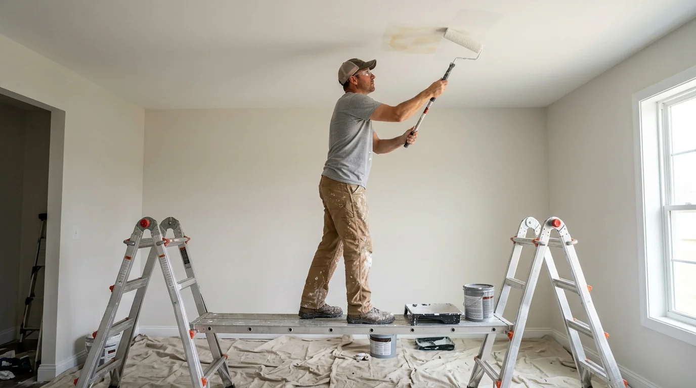 Painter on a plank rolling flat white paint over a sealed water stain on a smooth ceiling