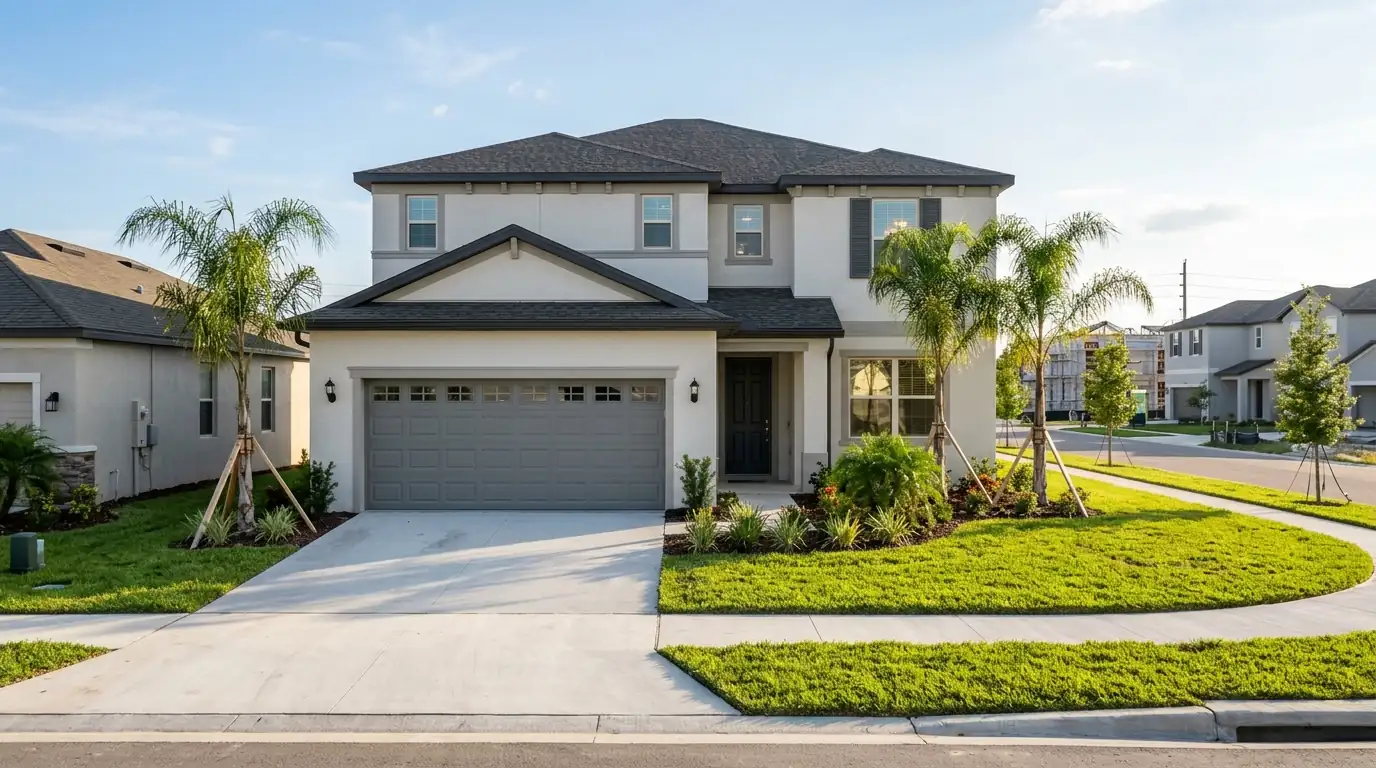 New two-story stucco home with a gray garage door and young palm trees in a growing Parrish subdivision
